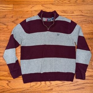 Vintage 90s Y2K Chaps by Ralph Lauren Gray Burgundy Striped Knit Sweater Large